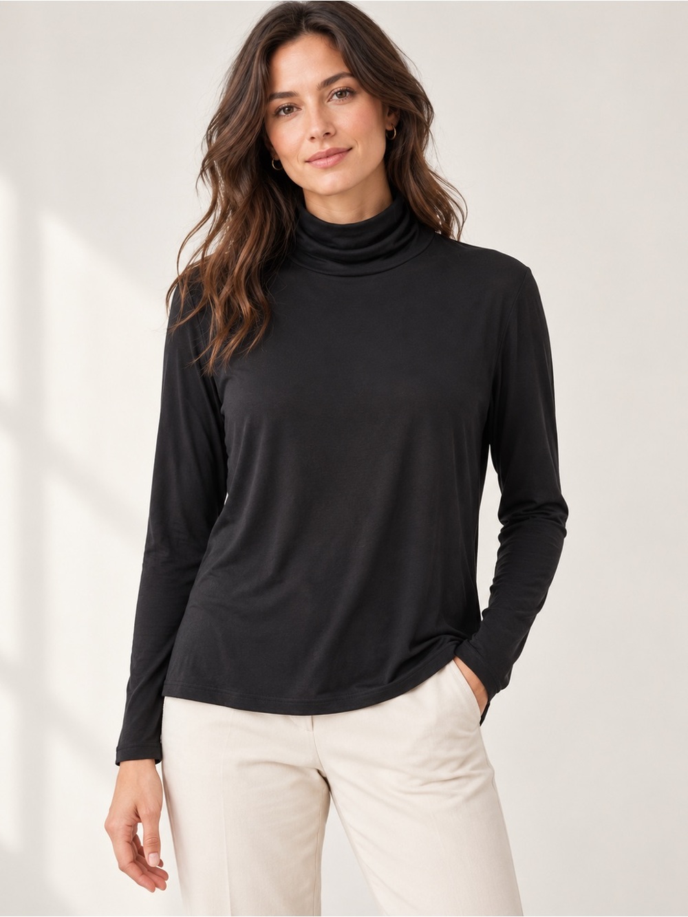 Eileen Fisher 100% Silk Black Turtleneck Long Sleeve Top Size L